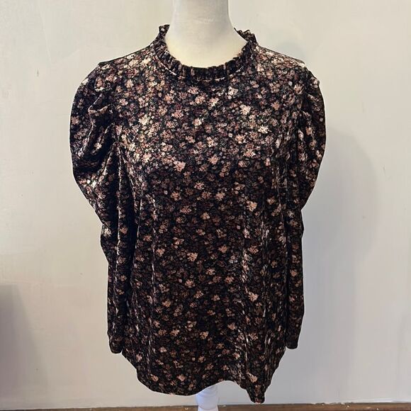 CeCe black floral long bishop sleeve blouse Size L New - Picture 1 of 12